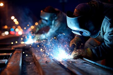 Workers welding steel bridge joints, sparks flying, protective visors glowing, night construction scene.