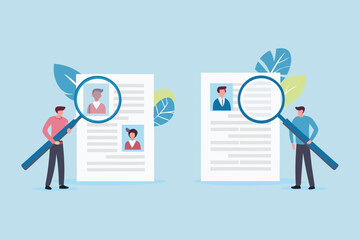 Reviewing candidate resumes with magnifying glasses a hiring process illustration