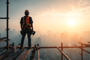 Obraz premium Construction worker on scaffolding with drill, high above ground, city skyline, strong sense of scale.