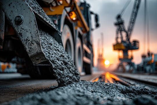 Concrete mixer truck pouring cement on a construction site