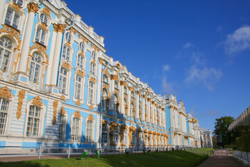 View of the beautiful exterior of Catherine Palace and the gardens. Saint Petersburg, Russia. It was the summer residence of the Russian tsars .