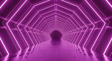 A futuristic hexagonal tunnel illuminated by vibrant purple neon lights, leading towards a dark, abstract object at the far end, creating a mysterious and infinite perspective.