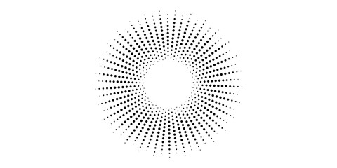 Radial halftone dots in Circle Form. Dotted fireworks explosion background. Starburst round Logo. Circular Design element. Abstract Geometric star rays.