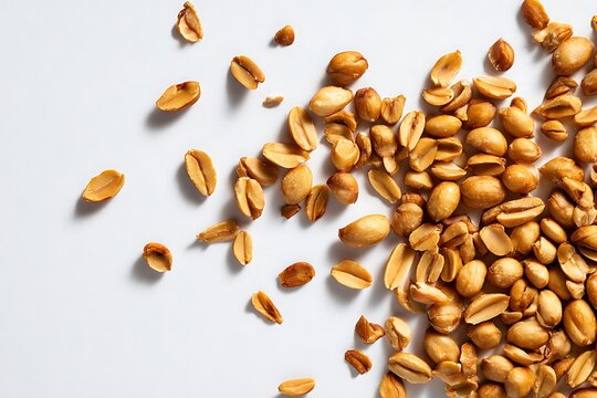 Roasted peanuts scattered naturally with clean realistic lighting on white background.