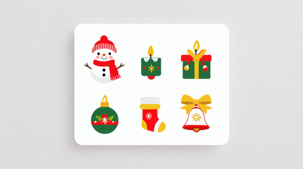 A festive collection of Christmas icons including a snowman, candle, gift, ornament, stocking, and bell