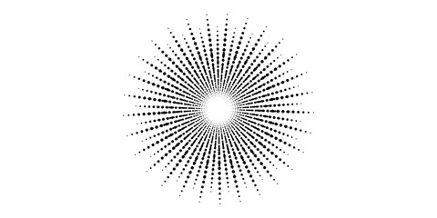 Radial halftone dots in Circle Form. Dotted fireworks explosion background. Starburst round Logo. Circular Design element. Abstract Geometric star rays.