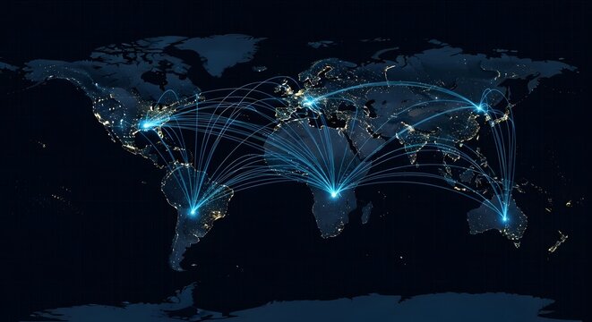 A dark world map displaying illuminated cities and interconnected blue lines representing global networks and data flow. - Powered by Adobe