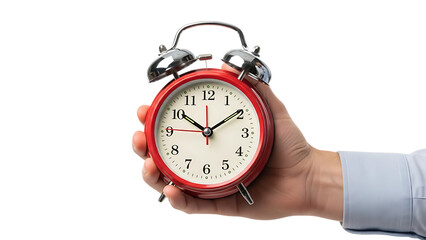 Red alarm clock held in hand isolated cut out on PNG. AI GENERATED.
