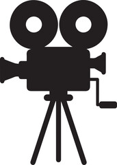 Antique movie camera on tripod, classic and cinematic black and white vector illustration