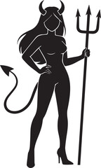 Female succubus holding a trident, seductive and dark black and white vector illustration