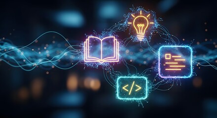 Digital learning and knowledge sharing concept with glowing icons representing ideas, education, information, and coding connected by data streams.
