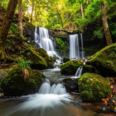 Obraz premium Scenic waterfall cascading over moss covered rocks surrounded by lush greenery