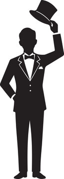 Refined gentleman in a stylized tuxedo tipping his hat, sleek and debonair black and white vector illustration