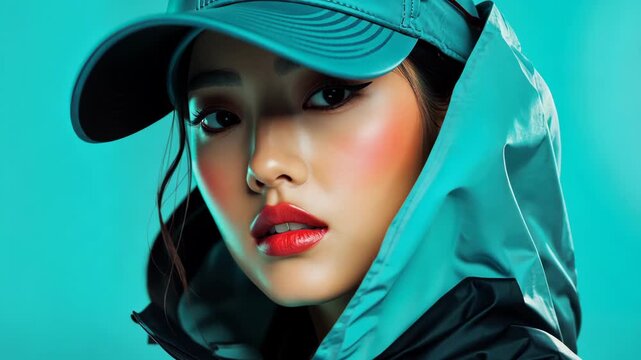 Dynamic fashion portrait sequence showcasing stylish young woman in teal jacket and cap