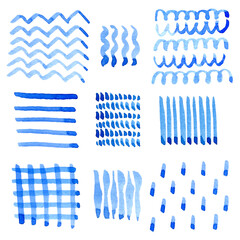 A hand-drawn watercolor blue ornaments collection. Blue and white hand drawn with brush elements design use as print, decoration, postcard, element design, textile, package, fabric.