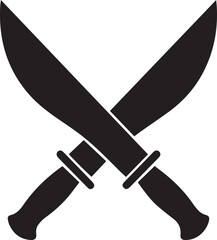 Two large knives or machetes crossed, aggressive and symbolic black and white vector illustration