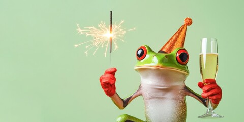 Obraz premium Happy new Year, new year's eve, new years eve, party, celebration, new year card, funny animals greeting card with text - frog with sparkler, champagne glass and party hat, isolated green background