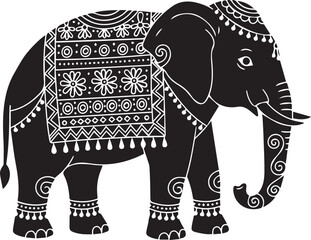 Indian Elephant with ornate ceremonial blanket, majestic black and white vector illustration