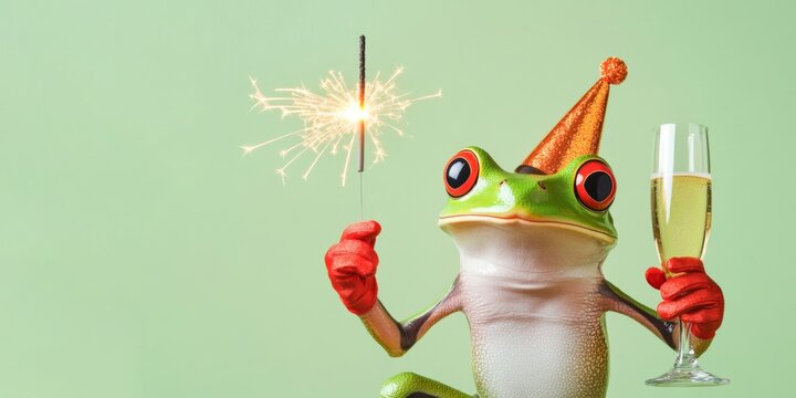 Happy new Year, new year's eve, new years eve, party, celebration, new year card, funny animals greeting card with text - frog with sparkler, champagne glass and party hat, isolated green background