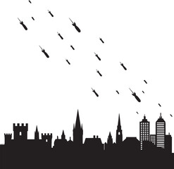 Historic and modern city skyline under aerial bombardment, dramatic black and white vector illustration