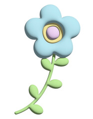 Inflated pastel blue flower with green leaves in 3D for model, merchandise, plant, tree, nature, garden, floral print, decorations, cartoon character, comic, mascot, cute patch, brooch, print, sticker