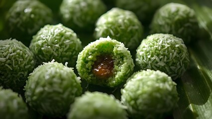 Close-up on delightful Klepon treats adorned with grated coconut and filled