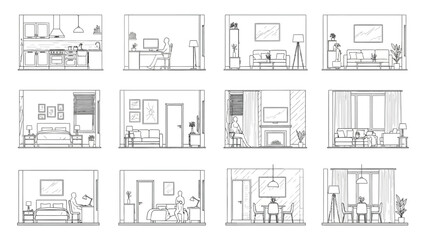 Set of black and white line art vector illustrations showing various house interior rooms in elevation view
