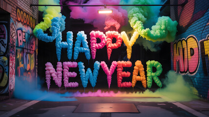 Happy New Year Colorful Smoke Typography  Vibrant Urban Street Celebration Design