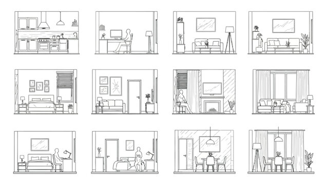 Set of black and white line art vector illustrations showing various house interior rooms in elevation view
