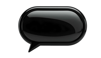 Glossy black speech bubble with pointed tail, floating on a dark, isolated background