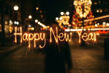 Sparkler Happy New Year Message &ndash; Festive City Lights Celebration Scene