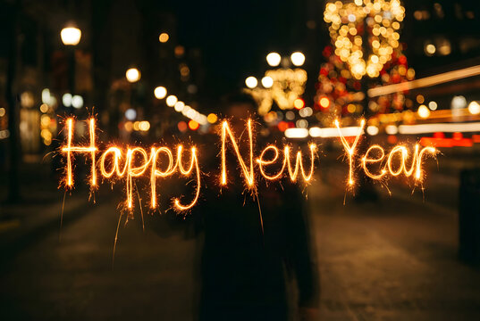 Sparkler Happy New Year Message &ndash; Festive City Lights Celebration Scene