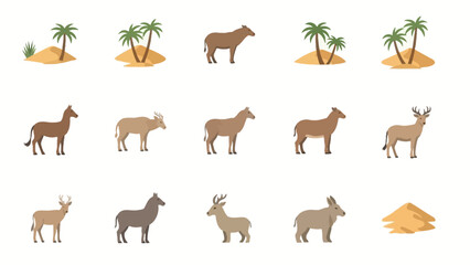 Collection of cartoon animals and desert landscapes with palm trees © Growong