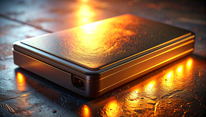 Tech Fortress: An elegant, metallic device radiates an aura of cutting-edge technology, its surface gleaming under warm, ambient light, implying innovation and security.