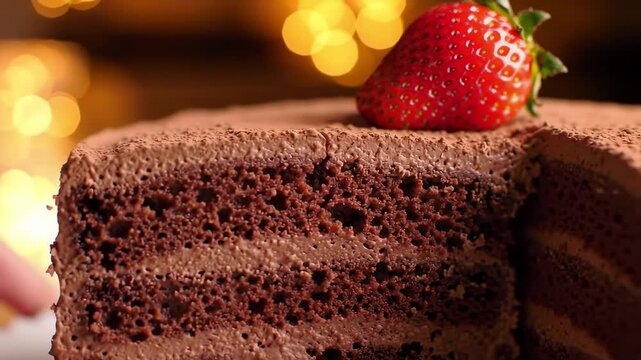 Chocolate cake slice closeup, topped with a strawberry, layers visible, lights blurred in the background