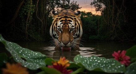 Tiger drinks from a jungle stream at sunset.