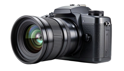 A modern, black DSLR camera with a prominent lens, set against a transparent background