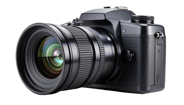 A modern, black DSLR camera with a prominent lens, set against a transparent background