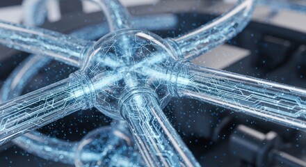 Abstract digital circuit with blue energy flowing through transparent tubes.
