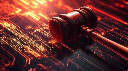 Wooden Gavel on Glowing Red Digital Circuit Board judge justice photo