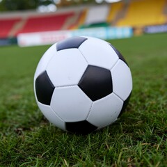 Fototapeta premium Soccer ball on grass field with stadium background