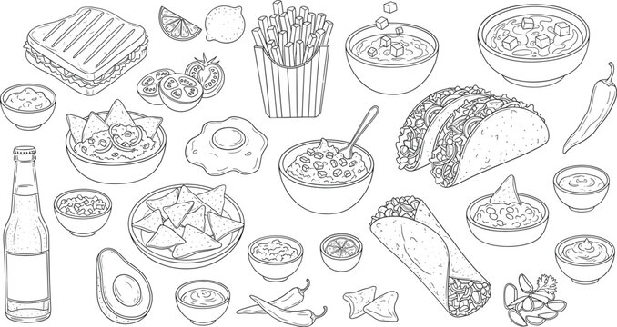 Hand Drawn Mexican Food Collection with Tacos Nachos Burritos and Salsas in Detailed Line Art Vector Illustration