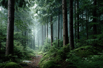 Fototapeta premium Lush forest path in early morning light with mist and tall trees in a tranquil landscape