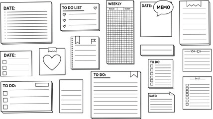 Hand Drawn Planner and To Do List Set with Notes Memos and Weekly Pages in Line Art Vector Illustration