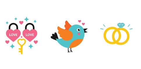 Love and Wedding Icon Set with Heart Locks Cute Bird and Wedding Rings in Flat Vector Illustration