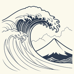 Iconic japanese great wave illustration with mount fuji in the background a classic ukiyo e style depiction of a powerful ocean surge