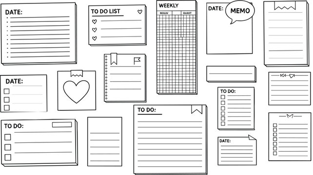 Hand Drawn Planner and To Do List Set with Notes Memos and Weekly Pages in Line Art Vector Illustration