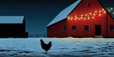 Rustic red barn festive light winter night chicken silhouette snowy farm country landscape holiday season rural scene cozy glow farmhouse charm Rustic red barn with festive light winter night