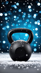 Kettlebell fitness snow winter exercise gym strength training black blue Black kettlebell snow with winter fitness mood, gym strength training concept against blue bokeh light background