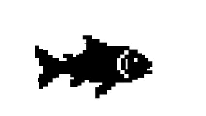 Fototapeta premium Stylized pixel art illustration of a swimming fish, rendered in a classic retro video game aesthetic with bold black silhouette on a clean white background